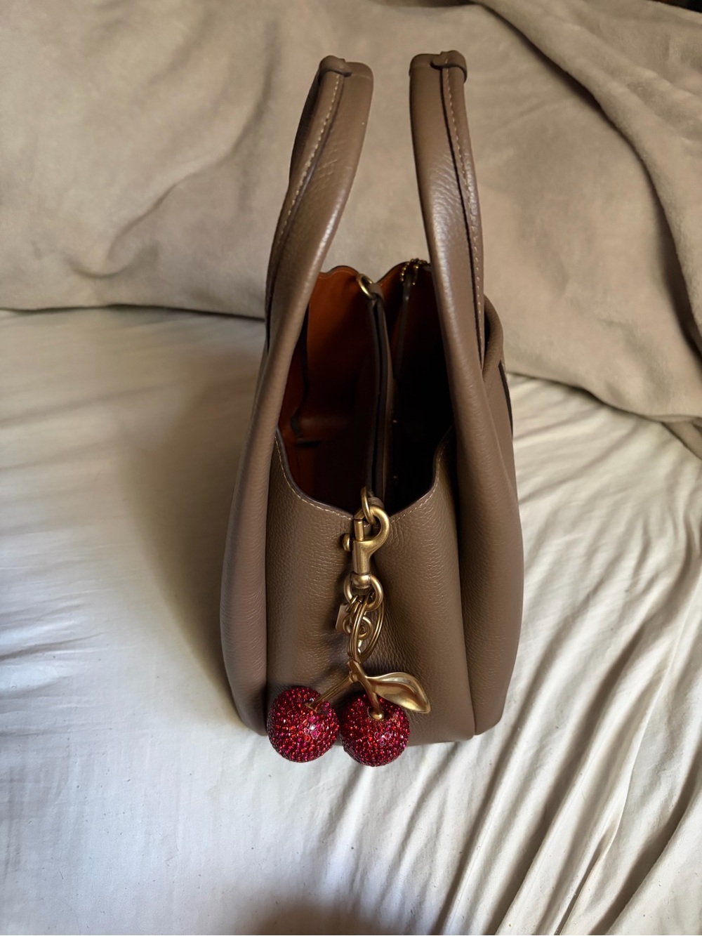 Coach Lana / Taupe Shoulder Bag with Red Cherry Charm